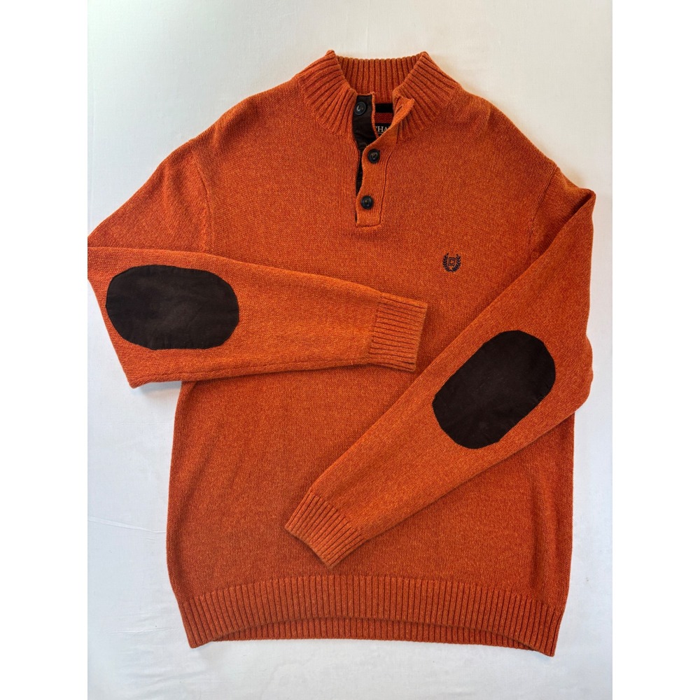 Chaps Mens Orange Cotton Mock Neck Button Sweater Elbow Patches Large brown